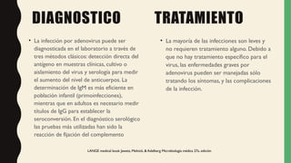 DIAGNOSTICO TRATAMIENTO
• La infección por adenovirus puede ser
diagnosticada en el laboratorio a través de
tres métodos clásicos: detección directa del
antígeno en muestras clínicas, cultivo o
aislamiento del virus y serología para medir
el aumento del nivel de anticuerpos. La
determinación de IgM es más eficiente en
población infantil (primoinfecciones),
mientras que en adultos es necesario medir
títulos de IgG para establecer la
seroconversión. En el diagnóstico serológico
las pruebas más utilizadas han sido la
reacción de fijación del complemento
• La mayoría de las infecciones son leves y
no requieren tratamiento alguno. Debido a
que no hay tratamiento específico para el
virus, las enfermedades graves por
adenovirus pueden ser manejadas sólo
tratando los síntomas, y las complicaciones
de la infección.
LANGE medical book Jawetz, Melnick, & Adelberg Microbiología médica 27a. edición
 
