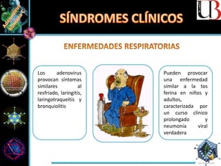 Los adenovirus
provocan síntomas
similares al
resfriado, laringitis,
laringotraqueítis y
bronquiolitis
Pueden provocar
una enfermedad
similar a la tos
ferina en niños y
adultos,
caracterizada por
un curso clínico
prolongado y
neumonía viral
verdadera
 
