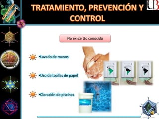 No existe tto conocido
•Lavado de manos
•Uso de toallas de papel
•Cloración de piscinas
 