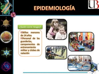 ¿Quién corre riesgos?
Niños menores
de 14 años
Personal de las
guarderías,
campamentos de
entrenamiento
militar y clubes de
natación
 