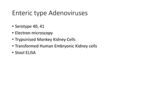 Enteric type Adenoviruses
• Serotype 40, 41
• Electron microscopy
• Trypsinised Monkey Kidney Cells
• Transformed Human Embryonic Kidney cells
• Stool ELISA
 