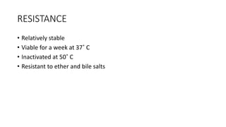 RESISTANCE
• Relatively stable
• Viable for a week at 37˚ C
• Inactivated at 50˚ C
• Resistant to ether and bile salts
 