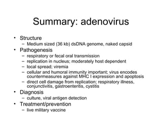Summary: adenovirus
• Structure
– Medium sized (36 kb) dsDNA genome, naked capsid
• Pathogenesis
– respiratory or fecal oral transmission
– replication in nucleus; moderately host dependent
– local spread; viremia
– cellular and humoral immunity important; virus encodes
countermeasures against MHC I expression and apoptosis
– direct cell damage from replication; respiratory illness,
conjunctivitis, gastroenteritis, cystitis
• Diagnosis
– culture, viral antigen detection
• Treatment/prevention
– live military vaccine
 