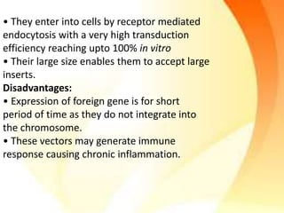 • They enter into cells by receptor mediated
endocytosis with a very high transduction
efficiency reaching upto 100% in vitro
• Their large size enables them to accept large
inserts.
Disadvantages:
• Expression of foreign gene is for short
period of time as they do not integrate into
the chromosome.
• These vectors may generate immune
response causing chronic inflammation.
 