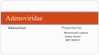 Adenovirus Presented by:
Mohammad Luqman
Aditya Sarkar
BBT SEM VI
Adenoviridae
 