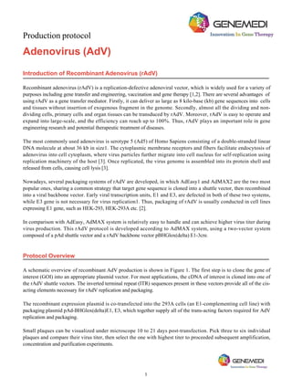 Production protocol
Adenovirus (AdV)
Introduction of Recombinant Adenovirus (rAdV)
Recombinant adenovirus (rAdV) is a replication-defective adenoviral vector, which is widely used for a variety of
purposes including gene transfer and engineering, vaccination and gene therapy [1,2]. There are several advantages of
using rAdV as a gene transfer mediator. Firstly, it can deliver as large as 8 kilo-base (kb) gene sequences into cells
and tissues without insertion of exogenous fragment in the genome. Secondly, almost all the dividing and non-
dividing cells, primary cells and organ tissues can be transduced by rAdV. Moreover, rAdV is easy to operate and
expand into large-scale, and the efficiency can reach up to 100%. Thus, rAdV plays an important role in gene
engineering research and potential therapeutic treatment of diseases.
The most commonly used adenovirus is serotype 5 (Ad5) of Homo Sapiens consisting of a double-stranded linear
DNA molecule at about 36 kb in size1. The cytoplasmic membrane receptors and fibers facilitate endocytosis of
adenovirus into cell cytoplasm, where virus particles further migrate into cell nucleus for self-replication using
replication machinery of the host [3]. Once replicated, the virus genome is assembled into its protein shell and
released from cells, causing cell lysis [3].
Nowadays, several packaging systems of rAdV are developed, in which AdEasy1 and AdMAX2 are the two most
popular ones, sharing a common strategy that target gene sequence is cloned into a shuttle vector, then recombined
into a viral backbone vector. Early viral transcription units, E1 and E3, are defected in both of these two systems,
while E3 gene is not necessary for virus replication1. Thus, packaging of rAdV is usually conducted in cell lines
expressing E1 gene, such as HEK-293, HEK-293A etc. [2].
In comparison with AdEasy, AdMAX system is relatively easy to handle and can achieve higher virus titer during
virus production. This rAdV protocol is developed according to AdMAX system, using a two-vector system
composed of a pAd shuttle vector and a rAdV backbone vector pBHGlox(delta) E1-3cre.
Protocol Overview
A schematic overview of recombinant AdV production is shown in Figure 1. The first step is to clone the gene of
interest (GOI) into an appropriate plasmid vector. For most applications, the cDNA of interest is cloned into one of
the rAdV shuttle vectors. The inverted terminal repeat (ITR) sequences present in these vectors provide all of the cis-
acting elements necessary for rAdV replication and packaging.
The recombinant expression plasmid is co-transfected into the 293A cells (an E1-complementing cell line) with
packaging plasmid pAd-BHGlox(delta)E1, E3, which together supply all of the trans-acting factors required for AdV
replication and packaging.
Small plaques can be visualized under microscope 10 to 21 days post-transfection. Pick three to six individual
plaques and compare their virus titer, then select the one with highest titer to proceeded subsequent amplification,
concentration and purification experiments.
1
 