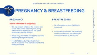 PREGNANCY & BREASTFEEDING
PREGNANCY
Do not administer in pregnancy.
 It is not known whether the vaccine can
cause fetal harm. Naturally occurring
infection with adenoviruses has been
associated with fetal harm.
 Pregnancy should be avoided for 6 weeks
following receipt of vaccine.
 Fecal shedding during delivery may
result in vaccine virus transmission to the
newborn infant.
BREASTFEEDING
9/12/2022
ARETE-ZOE, LLC 14
Adenovirus
Type
4
and
Type
7
Vaccine,
Live,
Oral
• No information on virus shedding in
breast milk
• For preventive vaccines, the underlying
maternal condition is susceptibility to
disease prevented by the vaccine.
https://www.aretezoe.com/vaers-explorer
 