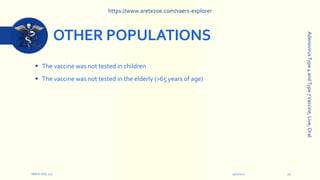 OTHER POPULATIONS
 The vaccine was not tested in children
 The vaccine was not tested in the elderly (>65 years of age)
9/12/2022
ARETE-ZOE, LLC 15
Adenovirus
Type
4
and
Type
7
Vaccine,
Live,
Oral
https://www.aretezoe.com/vaers-explorer
 