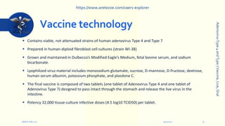 Vaccine technology
 Contains viable, not attenuated strains of human adenovirus Type 4 and Type 7
 Prepared in human-diploid fibroblast cell cultures (strain WI-38)
 Grown and maintained in Dulbecco’s Modified Eagle’s Medium, fetal bovine serum, and sodium
bicarbonate.
 Lyophilized virus material includes monosodium glutamate, sucrose, D-mannose, D-fructose, dextrose,
human serum albumin, potassium phosphate, and plasdone C.
 The final vaccine is composed of two tablets (one tablet of Adenovirus Type 4 and one tablet of
Adenovirus Type 7) designed to pass intact through the stomach and release the live virus in the
intestine.
 Potency 32,000 tissue-culture infective doses (4.5 log10 TCID50) per tablet.
9/12/2022
ARETE-ZOE, LLC 6
Adenovirus
Type
4
and
Type
7
Vaccine,
Live,
Oral
https://www.aretezoe.com/vaers-explorer
 