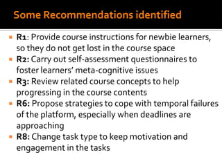 Some Recommendations identified
 R1: Provide course instructions for newbie learners,
so they do not get lost in the course space
 R2: Carry out self-assessment questionnaires to
foster learners’ meta-cognitive issues
 R3: Review related course concepts to help
progressing in the course contents
 R6: Propose strategies to cope with temporal failures
of the platform, especially when deadlines are
approaching
 R8: Change task type to keep motivation and
engagement in the tasks
 