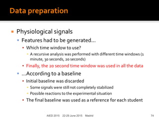 Data preparation
 Physiological signals
 Features had to be generated…
▪ Which time window to use?
▪ A recursive analysis was performed with different time windows (1
minute, 30 seconds, 20 seconds)
▪ Finally, the 20 second time window was used in all the data
 …According to a baseline
▪ Initial baseline was discarded
▪ Some signals were still not completely stabilized
▪ Possible reactions to the experimental situation
▪ The final baseline was used as a reference for each student
AIED 2015 22-29 June 2015 Madrid 74
 