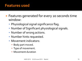 Features used
 Features generated for every 20 seconds time
window:
 Physiological signal significance flag.
 Number of Significant physiological signals.
 Number of wrong actions.
 Number hints requested.
 Movement indicators:
▪ Body part moved.
▪ Type of movement.
▪ Movement duration
AIED 2015 22-29 June 2015 Madrid 76
 
