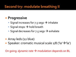 Second try: modulate breathing II
 Progressive
 Signal increases for 7.5 segs  inhalate
 Signal stops  hold breath
 Signal decreases for 7.5 segs  exhalate
 Array leds (12 blue)
 Speaker: cromatic musical scale 1/8 (‘la’’la’)
On going: dynamic rate  modulation depends on BL
 
