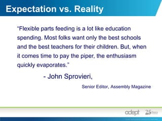 Part Feeding Requirements and ChallengesAdept SolutionLarge global install base of flexible feeding systems