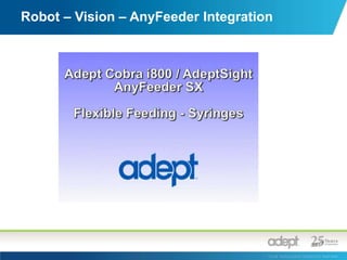 PLC IntegrationePLC software from Adept enables flexible feeding solution to be integrated with Allen Bradley’s PLC integrationIntegration enables users to program and manage AnyFeeder and robot through Allen Bradley’s PLC