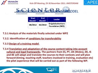 T.3.1 Analysis of the materials finally selected under WP2 T.3.2. Identification of  conditions for transferability T.3.3  Design of a training model  T.3.4  Translation and adaptation of the course content taking into account cultural and legal frameworks . The partners from ES, PT, UK (Wales), DE, IS and BE will adapt and translate the courses to their contexts and will plan forward (timing, teaching staff, teachers involved in training, evaluation etc) the pilot experience that will be carried out as part of the following WP. WP3:  DESIGN OF THE TRAINING MODEL 