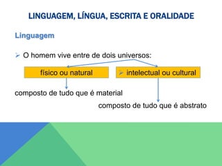 LINGUAGEM, LÍNGUA, ESCRITA E ORALIDADE
Linguagem
 O homem vive entre de dois universos:
composto de tudo que é material
composto de tudo que é abstrato
físico ou natural  intelectual ou cultural
 
