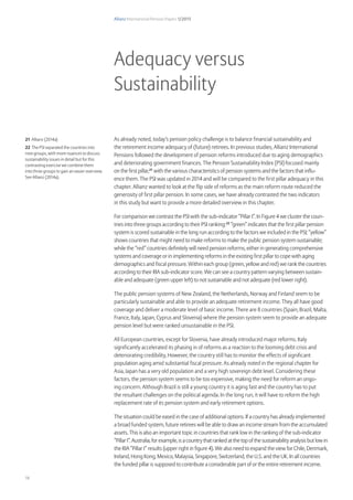 Allianz International Pension Papers 1/2015
18
As already noted, today’s pension policy challenge is to balance financial sustainability and
the retirement income adequacy of (future) retirees. In previous studies, Allianz International
Pensions followed the development of pension reforms introduced due to aging demographics
and deteriorating government finances. The Pension Sustainability Index (PSI)focused mainly
on the first pillar,21
with the various characteristics of pension systems and the factors that influ-
ence them. The PSI was updated in 2014 and will be compared to the first pillar adequacy in this
chapter. Allianz wanted to look at the flip side of reforms as the main reform route reduced the
generosity of first pillar pension. In some cases, we have already contrasted the two indicators
in this study but want to provide a more detailed overview in this chapter.
For comparison we contrast the PSI with the sub-indicator “Pillar I”. In Figure 4 we cluster the coun-
tries into three groups according to their PSI ranking:22
“green” indicates that the first pillar pension
system is scored sustainable in the long run according to the factors we included in the PSI; “yellow”
shows countries that might need to make reforms to make the public pension system sustainable;
while the “red” countries definitely will need pension reforms, either in generating comprehensive
systems and coverage or in implementing reforms in the existing first pillar to cope with aging
demographics and fiscal pressure. Within each group (green, yellow and red) we rank the countries
according to their RIA sub-indicator score. We can see a country pattern varying between sustain-
able and adequate (green upper left) to not sustainable and not adequate (red lower right).
The public pension systems of New Zealand, the Netherlands, Norway and Finland seem to be
particularly sustainable and able to provide an adequate retirement income. They all have good
coverage and deliver a moderate level of basic income. There are 8 countries (Spain, Brazil, Malta,
France, Italy, Japan, Cyprus and Slovenia) where the pension system seem to provide an adequate
pension level but were ranked unsustainable in the PSI.
All European countries, except for Slovenia, have already introduced major reforms. Italy
significantly accelerated its phasing in of reforms as a reaction to the looming debt crisis and
deteriorating credibility, However, the country still has to monitor the effects of significant
population aging amid substantial fiscal pressure. As already noted in the regional chapter for
Asia, Japan has a very old population and a very high sovereign debt level. Considering these
factors, the pension system seems to be too expensive, making the need for reform an ongo-
ing concern. Although Brazil is still a young country it is aging fast and the country has to put
the resultant challenges on the political agenda. In the long run, it will have to reform the high
replacement rate of its pension system and early retirement options.
The situation could be eased in the case of additional options. If a country has already implemented
a broad funded system, future retirees will be able to draw an income stream from the accumulated
assets. This is also an important topic in countries that rank low in the ranking of the sub-indicator
“Pillar I”. Australia, for example, is a country that ranked at the top of the sustainability analysis but low in
the RIA “Pillar I” results (upper right in figure 4). We also need to expand the view for Chile, Denmark,
Ireland, Hong Kong, Mexico, Malaysia, Singapore, Switzerland, the U.S. and the UK. In all countries
the funded pillar is supposed to contribute a considerable part of or the entire retirement income.
Adequacy versus
Sustainability
21 Allianz (2014a)
22 The PSI separated the countries into
nine groups, with more nuances to discuss
sustainability issues in detail but for this
contrasting exercise we combine them
into three groups to gain an easier overview.
See Allianz (2014a).
 