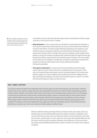 Allianz International Pension Papers 1/2015
28
score highest. Countries with early retirement opportunities and low effective retirement ages
score low, as is the case for France or Thailand.
•	 Early retirement: In some countries there are still options for early retirement, although in a
lot of countries retirees have to take reductions into account, which diminish their retirement
income for their lifetime. This affects people differently, depending on the regulation. So we
include five options: actuarily fair reductions; some fixed reduction below the actuarily fair
value; just the reduction, which is the effect of less years of contribution, and the situation where
people can receive the maximum possible pension entitlement before the legal retirement age
because they fulfill the requirement for the contribution period. The latter is the most suitable
for the retiree and scores highest in the RIA index. It should be noted that this contradicts the
provider’s perspective, with the government mostly underlining the problem
of financial sustainability.
•	 Time spent in retirement: For countries with strong funded pillars and where people
have to draw their income stream from their accumulated assets, the time spent in retire-
ment is an important feature, particularly in view of increasing longevity. The time span varies
between roughly 12 to 13 years in Mexico, Korea and Russia to around 22 in Belgium, France,
Italy, Luxemburg and Hong Kong. The values score around the mean on a scale of 1 to 10, with
the short period relating to a high score and vice versa.
We have marked the ranking and tables with the sub-indicators with a color coding. Colors vary
between green and red, indicating differing levels of readiness to deliver an adequate income.
Countries with the same color score very closely with respect to the (sub-)indicator. As the index
does not have a cardinal order or a metric value, the scores cannot show absolute differences and
the results cannot be used for calculations. Moreover, minor differences in the score and thus
the ranking cannot fully differentiate between countries. Therefore we used the color coding for
orientation.
Box: Family Support
In emerging markets the elderly have traditionally relied on family support. But with industrialization and urbanization, traditional
family structures have started to change. Moreover, decreasing fertility rates have led to smaller families, thereby placing a greater
burden on fewer shoulders. Governments need to step in and introduce more formalized support systems. But in a lot of emerging
countries this has started only recently. In these countries family support remains an important safety net. We are aware that this
aspect should be taken into account when constructing the indicator. But missing data and a clear definition on how to measure
family support means we did not include this factor, also because we wanted to look at the formalized provisioning system and
conditions.35
Including it would mean weighing this factor against the safety net in developed countries. We tried that and found
that the factor would not vary much across countries, therefore adding no additional input.
35 There is another indicator for a country
comparison, which includes this factor and
measures it as percent of the elderly living
in households with their adult children; see
Jackson, Howe, Nakashima (2013).
 