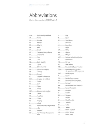 Allianz International Pension Papers 1/2015
31
ADB. . . . . . . . Asian Development Bank
AT. . . . . . . . . . Austria
AU. . . . . . . . . . Australia
BE. . . . . . . . . . Belgium
BG. . . . . . . . . . Bulgaria
BR. . . . . . . . . . Brazil
CA. . . . . . . . . . Canada
CEE. . . . . . . . . Central and eastern Europe
CH. . . . . . . . . . Switzerland
CL. . . . . . . . . . Chile
CN. . . . . . . . . . China
CZ. . . . . . . . . . Czech Republic
CY. . . . . . . . . . Cyprus
DB. . . . . . . . . . Defined benefit
DC. . . . . . . . . . Defined contribution
DE. . . . . . . . . . Germany
DK. . . . . . . . . . Denmark
EC. . . . . . . . . . European Commission
ECB. . . . . . . . . European Central Bank
EE. . . . . . . . . . Estonia
ES. . . . . . . . . . Spain
FI. . . . . . . . . . . Finland
FR. . . . . . . . . . France
GDP. . . . . . . . Gross domestic product
GR. . . . . . . . . . Greece
HK. . . . . . . . . . Hong Kong
HR. . . . . . . . . . Croatia
HU . . . . . . . . . Hungary
IE. . . . . . . . . . . Ireland
ILO . . . . . . . . . International labor Organization
IN . . . . . . . . . . India
ID . . . . . . . . . . Indonesia
IDB. . . . . . . . . Inter-American Development 	
Bank
IT. . . . . . . . . . . Italy
JP. . . . . . . . . . . Japan
KR. . . . . . . . . . South Korea
LT . . . . . . . . . . Lithuania
LU. . . . . . . . . . Luxemburg
LV. . . . . . . . . . Latvia
MT . . . . . . . . . Malta
MX. . . . . . . . . Mexico
MY. . . . . . . . . Malaysia
NDC. . . . . . . . Notional defined contribution
NL. . . . . . . . . . Netherlands
NO . . . . . . . . . Norway
NZ. . . . . . . . . . New Zealand
NZA. . . . . . . . New Zealand Superannuation
OECD. . . . . . . Organization for Economic
Co-operation and Development
PAYG . . . . . . . Pay-as-you-go
PL. . . . . . . . . . Poland
PPI. . . . . . . . . . Pension Policy Institute
PSI. . . . . . . . . . Pension Sustainability Index
PT. . . . . . . . . . Portugal
RIA. . . . . . . . . Retirement Income Adequacy
RU. . . . . . . . . . Russian Federation
RO. . . . . . . . . . Romania
SE. . . . . . . . . . Sweden
SG. . . . . . . . . . Singapore
SI. . . . . . . . . . . Slovenia
SK. . . . . . . . . . Slovak Republic
TH. . . . . . . . . . Thailand
TR. . . . . . . . . . Turkey
TW. . . . . . . . . Taiwan
UK. . . . . . . . . . United Kingdom
UN . . . . . . . . . United Nations
US. . . . . . . . . . United States
Abbreviations
(Country Codes according to ISO 3166-1-alpha-2)
 