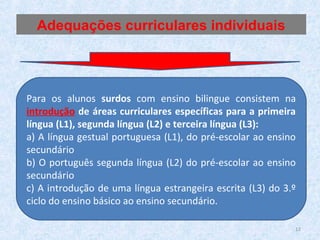 Para os alunos surdos com ensino bilingue consistem na
introdução de áreas curriculares específicas para a primeira
língua (L1), segunda língua (L2) e terceira língua (L3):
a) A língua gestual portuguesa (L1), do pré-escolar ao ensino
secundário
b) O português segunda língua (L2) do pré-escolar ao ensino
secundário
c) A introdução de uma língua estrangeira escrita (L3) do 3.º
ciclo do ensino básico ao ensino secundário.
Adequações curriculares individuais
12
 