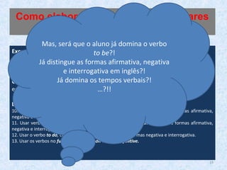 Exemplo de formulação: inglês de 7.º ano de escolaridade
Domínio: Léxico e Gramática
Objetivo: Compreender formas de organização do léxico e conhecer algumas
estruturas frequentes do funcionamento da língua
Descritor:
10. Usar os verbos to be, there + to be, to have (got), no past simple, nas formas afirmativa,
negativa e interrogativa.
11. Usar verbos regulares e irregulares mais frequentes, no past simple, nas formas afirmativa,
negativa e interrogativa.
12. Usar o verbo to do, como auxiliar, no past simple, nas formas negativa e interrogativa.
13. Usar os verbos no future, com will/won’t + bare infinitive.
Como elaborar adequações curriculares
individuais
Mas, será que o aluno já domina o verbo
to be?!
Já distingue as formas afirmativa, negativa
e interrogativa em inglês?!
Já domina os tempos verbais?!
…?!!
19
 