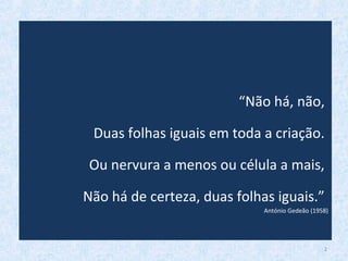 “Não há, não,
Duas folhas iguais em toda a criação.
Ou nervura a menos ou célula a mais,
Não há de certeza, duas folhas iguais.”
António Gedeão (1958)
2
 