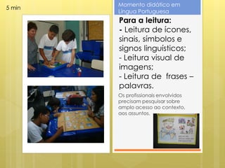 Momento didático em
5 min
        Língua Portuguesa
        Para a leitura:
        - Leitura de ícones,
        sinais, símbolos e
        signos linguísticos;
        - Leitura visual de
        imagens;
        - Leitura de frases –
        palavras.
        Os profissionais envolvidos
        precisam pesquisar sobre
        amplo acesso ao contexto,
        aos assuntos.
 