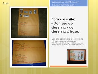 Momento didático em
5 min
        Língua Portuguesa




        Para a escrita:
        - Da frase ao
        desenho - do
        desenho à frase;

        Uso de estratégia dos usos da
        L2 de modo a oferecer
        variadas situações discursivas.
 