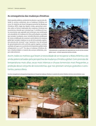Capítulo 1 - Serviços ambientais
Outro grande problema ambiental do planeta e que já está afe-
tando os serviços ambientais são as mudanças climáticas em
curso. Os relatórios do Painel Intergovernamental de Mudanças
Climáticas (IPPC), órgão das Nações Unidas, apresentam previ-
sões sobre as futuras implicações das mudanças climáticas nos
ecossistemas, dizendo que é provável que “a resiliência de mui-
tos ecossistemas seja superada neste século por uma combinação
sem precedentes de mudança do clima, perturbações associadas
(por exemplo, inundações, secas, incêndios florestais, proliferação
de insetos, acidificação dos oceanos) e outros fatores de mudança
global (por exemplo, mudança no uso da terra, poluição, explora-
ção excessiva dos recursos)” e que “aumente o risco de extinção
de aproximadamente 20% a 30% das espécies vegetais e animais
avaliadas até agora se os aumentos da temperatura global média
ultrapassarem 1,5 a 2,5°C”. Ou seja, as mudanças climáticas afe-
tam a biodiversidade e a maioria dos serviços ambientais, este-
jam onde estiverem.
As consequências das mudanças climáticas
Assim,todos os motivos que levam à necessidade de se recuperar a Mata Atlântica são
ainda potencializados pela perspectiva da mudança climática global. Com previsão de
temperaturas mais altas, secas mais intensas e chuvas torrenciais mais frequentes, a
proteção desse conjunto de ecossistemas, que nos prestam serviços gratuitos e cons-
tantes, parece óbvia.
O desmatamento e as queimadas são responsáveis por cerca de 20% das emissões
globais anuais – no Brasil, representam 75% das emissões.
Uma das consequências da elevação das temperaturas em função das mudanças climáticas é o aumento de eventos climáticos extremos como enchentes e secas.
WigoldB.SchafferWigoldB.Schaffer
 