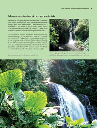 Mata Atlântica - Manual de Adequação Ambiental 21Mata Atlântica - Manual de Adequação Ambiental 21
Belezas cênicas também são serviços ambientais
A presença de paisagens de grande beleza também é um impor-
tante serviço ambiental que, aliada à proteção da diversidade
biológica, pode trazer benefícios para a Mata Atlântica e para o
proprietário da área, através da criação de uma Reserva Particu-
lar do Patrimônio Natural (RPPN). Um exemplo é a RPPN Emílio
Fiorentino Battistella, localizada em Corupá, Santa Catarina.
São 1.100 hectares onde são trabalhados diversos aspectos am-
bientais, como água, ar, solo, flora, fauna, resíduos e as relações
com o ser humano. A RPPN é aberta ao público e é muito procura-
da pelo seu grande atrativo turístico: 14 belas cachoeiras ao longo
de uma trilha de aproximadamente 2,9 km. O valor dos ingressos,
neste caso, é integralmente destinado à Associação de Preserva-
ção da Rota das Cachoeiras, ONG responsável pela manutenção
não somente desta, mas de outras áreas naturais na região.
MiriamProchnow
Duas das 14 cachoeiras da RPPN Emilio Fiorentino Battistella – SC.
A beleza das paisagens aliada à proteção da biodiversidade traz benefícios para a
Mata Atlântica e para os proprietários de terra,que podem desenvolver o ecoturismo.
WigoldB.Schaffer
 