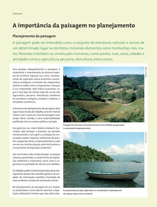 Capítulo 3
A importância da paisagem no planejamento
Planejamento da paisagem
Para planejar adequadamente a paisagem, é
importante o levantamento de diversos aspec-
tos do território regional, tais como: remanes-
centes de vegetação nativa existentes; caracte-
rísticas ecológicas e tamanho dos fragmentos;
distância média entre os fragmentos; ameaças
à sua integridade; rede hídrica (nascentes, la-
gos e rios); tipos de relevos; tipos de uso do solo
(agricultura, pecuária, silvicultura); existência
de corredores ecológicos; estradas e rodovias; e
atividades econômicas.
A dinâmica do planejamento de paisagens deve
seguir duas escalas de trabalho,uma em nível de
imóvel rural e outra em nível de paisagem mais
ampla. Nesse sentido, é uma responsabilidade
partilhada entre os setores público e privado.
Aos governos, nos níveis federal, estadual e mu-
nicipal, cabe planejar a proteção aos grandes
remanescentes,criar e gerir as unidades de con-
servação, avaliar impactos ambientais de gran-
des e pequenas obras e empreendimentos,cada
um em seu nível de atuação,além de fiscalizar o
cumprimento da legislação ambiental.
Aos municípios cabe, ainda, planejar os espaços
urbanos, garantindo o cumprimento da legisla-
ção ambiental e urbanística, assim como a se-
gurança e a qualidade de vida de seus cidadãos.
Oscidadãospodem(edevem)participardessepla-
nejamento através dos conselhos gestores de uni-
dades de conservação, conselhos municipais de
meio ambiente e através de movimentos sociais.
No planejamento da paisagem de seu imóvel,
os proprietários rurais devem observar a legis-
lação ambiental e lembrar que não estão isola-
A paisagem pode ser entendida como o conjunto de estruturas naturais e sociais de
um determinado lugar ou território, incluindo elementos como montanhas, rios, ma-
res, florestas e também as construções humanas, como pontes, ruas, casas, cidades e
atividades como a agricultura, pecuária, silvicultura, entre outras.
Paisagem em área rural, mostrando harmonia entre atividades agropecuárias
e conservação da vegetação nativa.
As características de cada região devem ser consideradas no planejamento
dos espaços, sejam rurais ou urbanos.
MiriamProchnowWigoldB.Schaffer
 