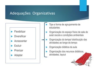 Adequações Organizativas
 Tipo e forma de agrupamento de
estudantes
 Organização do espaço físico de sala de
aula/ escola e condições ambientais
 Organização do tempo/ distribuição das
atividades ao longo do tempo
 Organização didática da aula
 Organização dos recursos didáticos,
atividades, layout
 Flexibilizar
 Diversificar
 Acrescentar
 Excluir
 Priorizar
 Adaptar
 