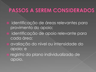 PASSOS A SEREM CONSIDERADOS identificação de áreas relevantes para provimento do apoio; identificação de apoio relevante para cada área;avaliação do nível ou intensidade do apoio; eregistro do plano individualizado de apoio.