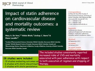 28 studies were included:
• 19 studies evaluating outcomes associated with statin adherence
• 6 studies with statin discontinuation
• 3 studies with statin persistence
The included studies consistently reported
increased risks of CVD and mortality
associated with poor adherence with respect
to both execution of regimen and stopping of
therapy.
 