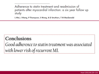 Heart 2002;88:229–233
ConclusionsConclusions
Good adherence to statin treatment was associated
with lower risk of recurrent MI.
 
