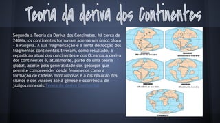 Segunda a Teoria da Deriva dos Continetes, há cerca de
240Ma, os continentes formavam apenas um único bloco
- a Pangeia. A sua fragmentação e a lenta deslocção dos
fragmentos continentais tiveram, como resultado, a
reparticao atual dos continentes e dos Oceanos.A deriva
dos continentes é, atualmente, parte de uma teoria
global, aceite pela generalidade dos geólogos que
permite compreender desde fenómenos como a
formação de cadeias montanhosas e a distribuição dos
sismos e dos vulcões até à génese e ocorrência de
jazigos minerais.Teoria da deriva Contineltal

 