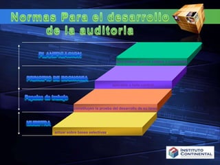 Normas Para el desarrollo de la auditoriaPLANIFICACIONpara obtener juicios validos y suficientesPRINCIPIO DE ECONOMIAaplicable a todo control.Papeles de trabajoconstituyen la prueba del desarrollo de su tareaMUESTRAactuar sobre bases selectivas.