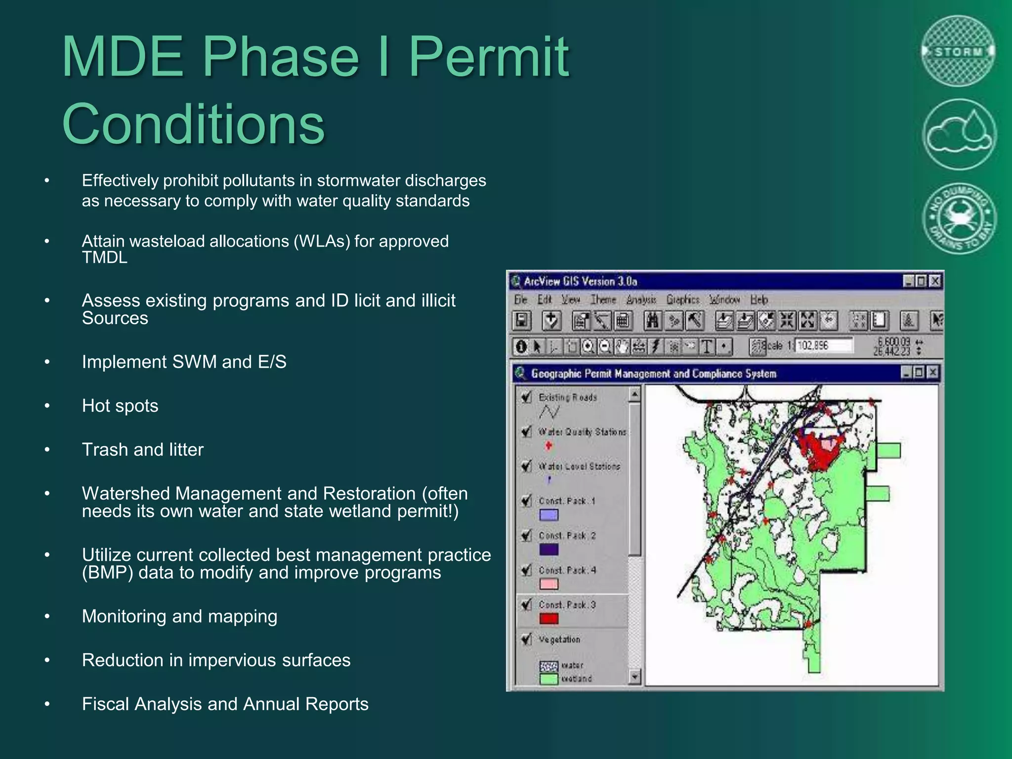 MDE Phase I Permit
Conditions
• Effectively prohibit pollutants in stormwater discharges
as necessary to comply with water quality standards
• Attain wasteload allocations (WLAs) for approved
TMDL
• Assess existing programs and ID licit and illicit
Sources
• Implement SWM and E/S
• Hot spots
• Trash and litter
• Watershed Management and Restoration (often
needs its own water and state wetland permit!)
• Utilize current collected best management practice
(BMP) data to modify and improve programs
• Monitoring and mapping
• Reduction in impervious surfaces
• Fiscal Analysis and Annual Reports
 