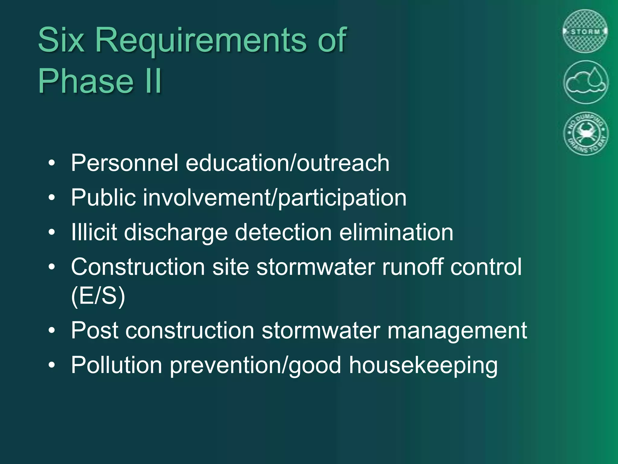 Six Requirements of
Phase II
• Personnel education/outreach
• Public involvement/participation
• Illicit discharge detection elimination
• Construction site stormwater runoff control
(E/S)
• Post construction stormwater management
• Pollution prevention/good housekeeping
 