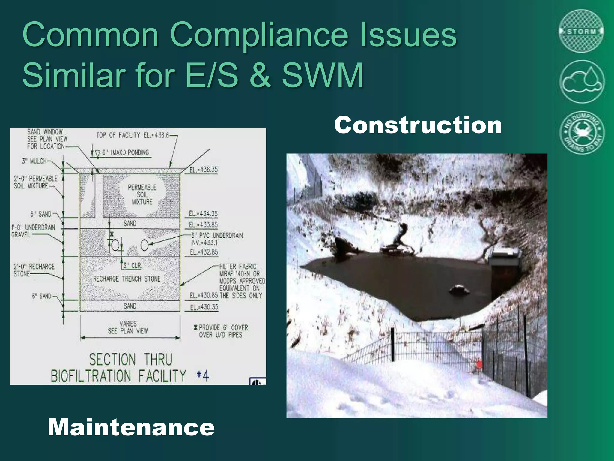 Common Compliance Issues
Similar for E/S & SWM
Construction
Maintenance
 