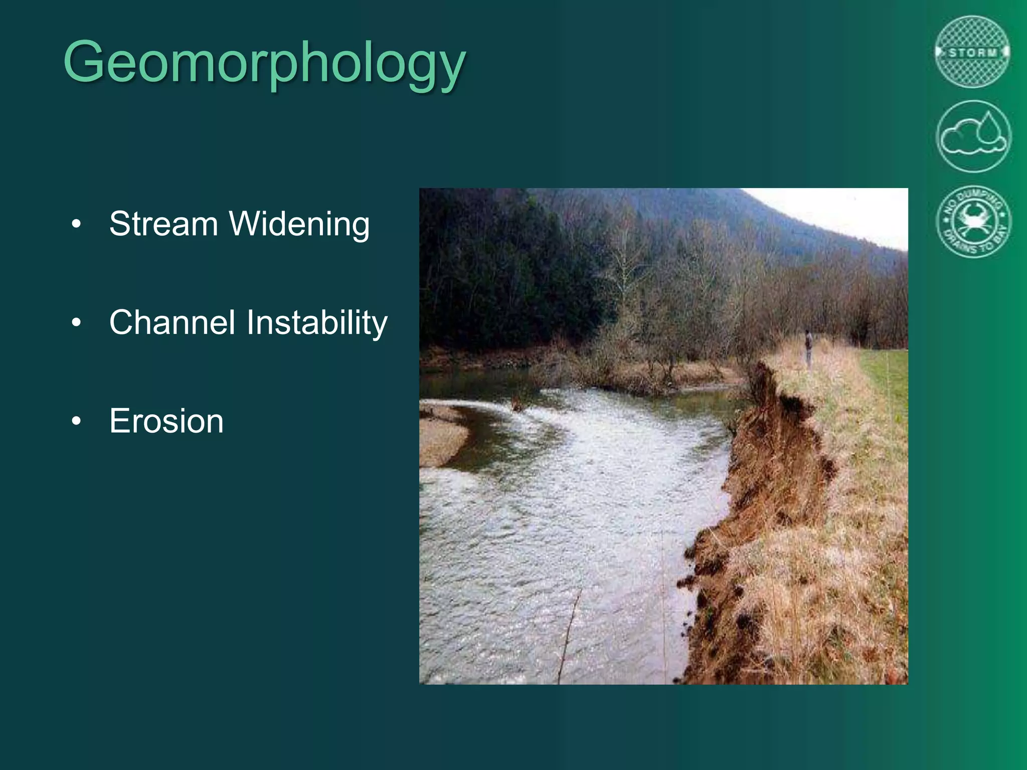 Geomorphology
• Stream Widening
• Channel Instability
• Erosion
 
