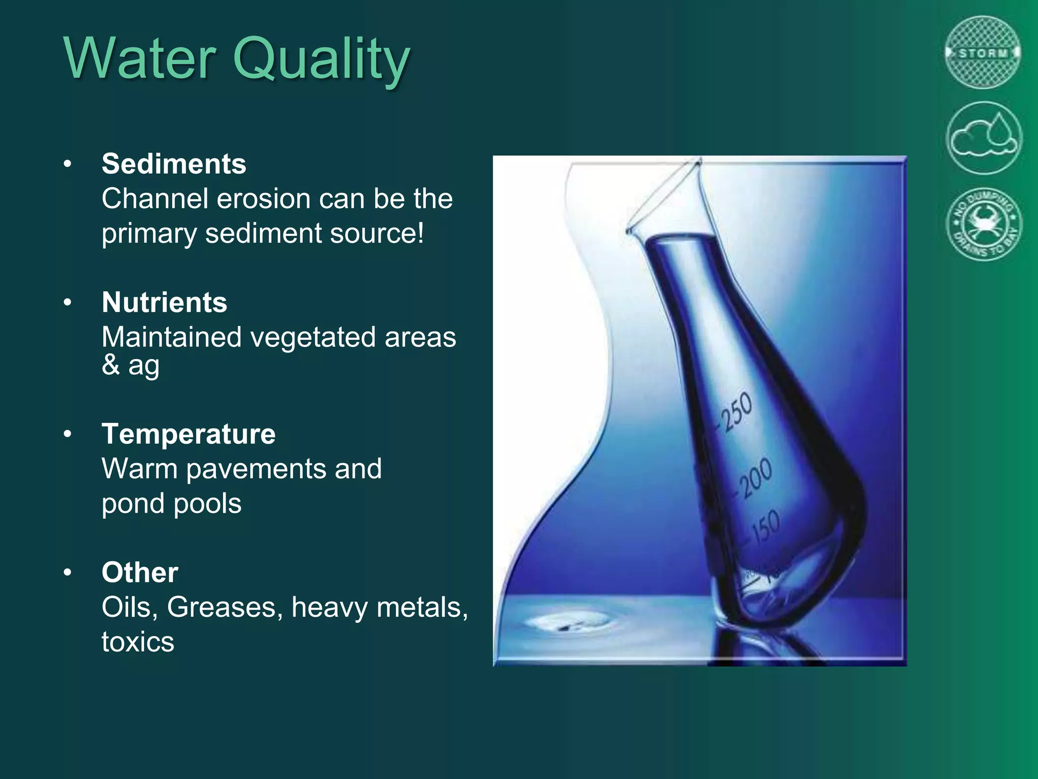 Water Quality
• Sediments
Channel erosion can be the
primary sediment source!
• Nutrients
Maintained vegetated areas
& ag
• Temperature
Warm pavements and
pond pools
• Other
Oils, Greases, heavy metals,
toxics
 