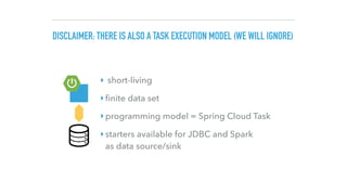 DISCLAIMER: THERE IS ALSO A TASK EXECUTION MODEL (WE WILL IGNORE)
‣ short-living
‣ﬁnite data set
‣programming model = Spring Cloud Task
‣starters available for JDBC and Spark  
as data source/sink
 