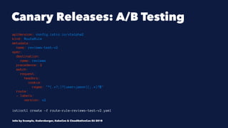 Canary Releases: A/B Testing
apiVersion: config.istio.io/v1alpha2
kind: RouteRule
metadata:
name: reviews-test-v2
spec:
destination:
name: reviews
precedence: 2
match:
request:
headers:
cookie:
regex: "^(.*?;)?(user=jason)(;.*)?$"
route:
- labels:
version: v2
istioctl create -f route-rule-reviews-test-v2.yaml
Istio by Example, @adersberger, KubeCon & CloudNativeCon EU 2018
 