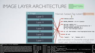 IMAGE LAYER ARCHITECTURE PATTERN
Layer 2
Layer 4
Layer 3
My Image
Layer 1
FROM debian:jessie
ENV NGINX_VERSION 1.12.2-1~jessie
RUN apt-get update && 
apt-get install -y ca-certificates &&  
nginx=${NGINX_VERSION} && 
rm -rf /var/lib/apt/lists/*
RUN ln -sf /dev/stderr /var/log/nginx/error.log
EXPOSE 80 443
CMD ["nginx", "-g", "daemon off;"]
Layer 5
jede Instruktion im Dockerﬁle erzeugt einen
neuen Layer (manche einen mit 0 Bytes)
Base Image
Scratch
Niemals latest Tag nutzen!
 