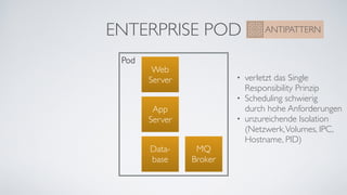 ENTERPRISE POD ANTIPATTERN
Pod
Web 
Server
Data-
base
App 
Server
• verletzt das Single 
Responsibility Prinzip
• Scheduling schwierig  
durch hohe Anforderungen
• unzureichende Isolation  
(Netzwerk,Volumes, IPC, 
Hostname, PID)
MQ 
Broker
 