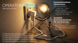 OPERATORS
(Betriebsroboter)
[1] https://coreos.com/operators
[2] https://kubernetes.io/docs/concepts/api-extension/custom-resources
[3] https://github.com/giantswarm/operatorkit
[4] https://github.com/sapcc/kubernetes-operators
[5] https://www.youtube.com/watch?v=cj5uk1uje_Y
Zustandsbehaftete  
Infrastruktur 
(z.B. Datenbanken)
• Cluster Join / Leave
• Failover auslösen
• Fehlerzustände erkennen
• Migration von Daten
Standard- 
Betriebsprozeduren
für Anwendungen
• Zertiﬁkate einspielen
• Neue Konﬁguration einspielen
• Komplexe Rollout-Szenarien
• Alerting
…
 