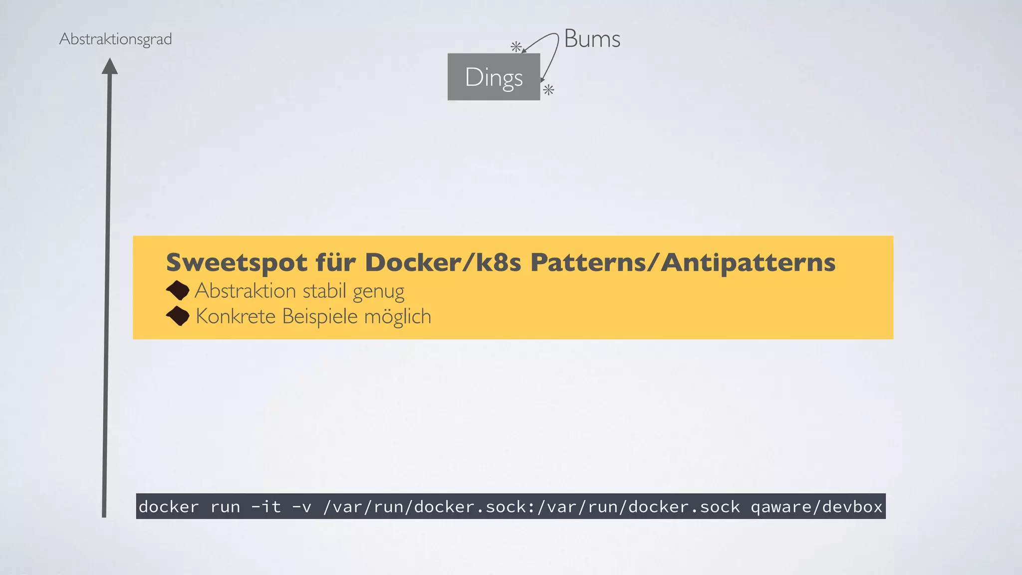 docker run -it -v /var/run/docker.sock:/var/run/docker.sock qaware/devbox
Dings
Bums
*
*
Abstraktionsgrad
Sweetspot für Docker/k8s Patterns/Antipatterns
Abstraktion stabil genug
Konkrete Beispiele möglich
 
