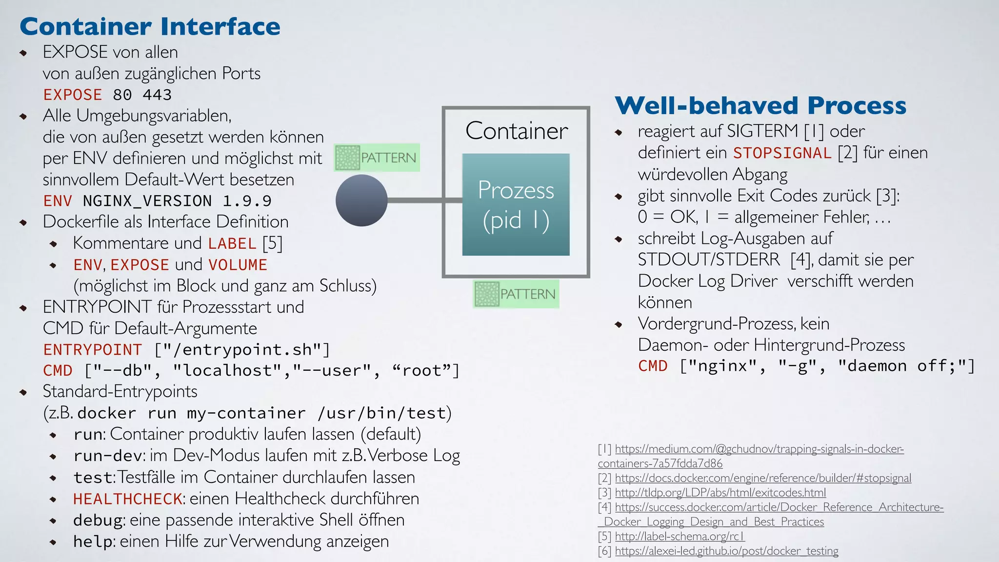 Container
Prozess 
(pid 1)
Well-behaved Process
reagiert auf SIGTERM [1] oder  
deﬁniert ein STOPSIGNAL [2] für einen 
würdevollen Abgang
gibt sinnvolle Exit Codes zurück [3]: 
0 = OK, 1 = allgemeiner Fehler, …
schreibt Log-Ausgaben auf  
STDOUT/STDERR [4], damit sie per  
Docker Log Driver verschifft werden  
können
Vordergrund-Prozess, kein  
Daemon- oder Hintergrund-Prozess 
CMD ["nginx", "-g", "daemon off;"]
[1] https://medium.com/@gchudnov/trapping-signals-in-docker-
containers-7a57fdda7d86
[2] https://docs.docker.com/engine/reference/builder/#stopsignal
[3] http://tldp.org/LDP/abs/html/exitcodes.html
[4] https://success.docker.com/article/Docker_Reference_Architecture-
_Docker_Logging_Design_and_Best_Practices
[5] http://label-schema.org/rc1
[6] https://alexei-led.github.io/post/docker_testing
Container Interface
EXPOSE von allen  
von außen zugänglichen Ports 
EXPOSE 80 443
Alle Umgebungsvariablen, 
die von außen gesetzt werden können 
per ENV deﬁnieren und möglichst mit 
sinnvollem Default-Wert besetzen 
ENV NGINX_VERSION 1.9.9
Dockerﬁle als Interface Deﬁnition
Kommentare und LABEL [5]
ENV, EXPOSE und VOLUME 
(möglichst im Block und ganz am Schluss)
ENTRYPOINT für Prozessstart und  
CMD für Default-Argumente 
ENTRYPOINT ["/entrypoint.sh"]  
CMD ["--db", "localhost","--user", “root”]
Standard-Entrypoints  
(z.B. docker run my-container /usr/bin/test)
run: Container produktiv laufen lassen (default)
run-dev: im Dev-Modus laufen mit z.B.Verbose Log
test:Testfälle im Container durchlaufen lassen
HEALTHCHECK: einen Healthcheck durchführen
debug: eine passende interaktive Shell öffnen
help: einen Hilfe zurVerwendung anzeigen
 